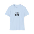 Light blue On/Off T-shirt with black minimalist toggle switch graphic, front view.