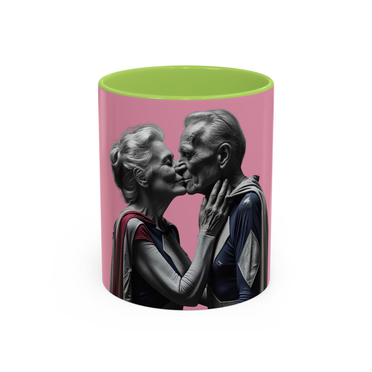 Elderly Superhero Couple Mug in Light Green – elderly superhero couple kiss pop art mug