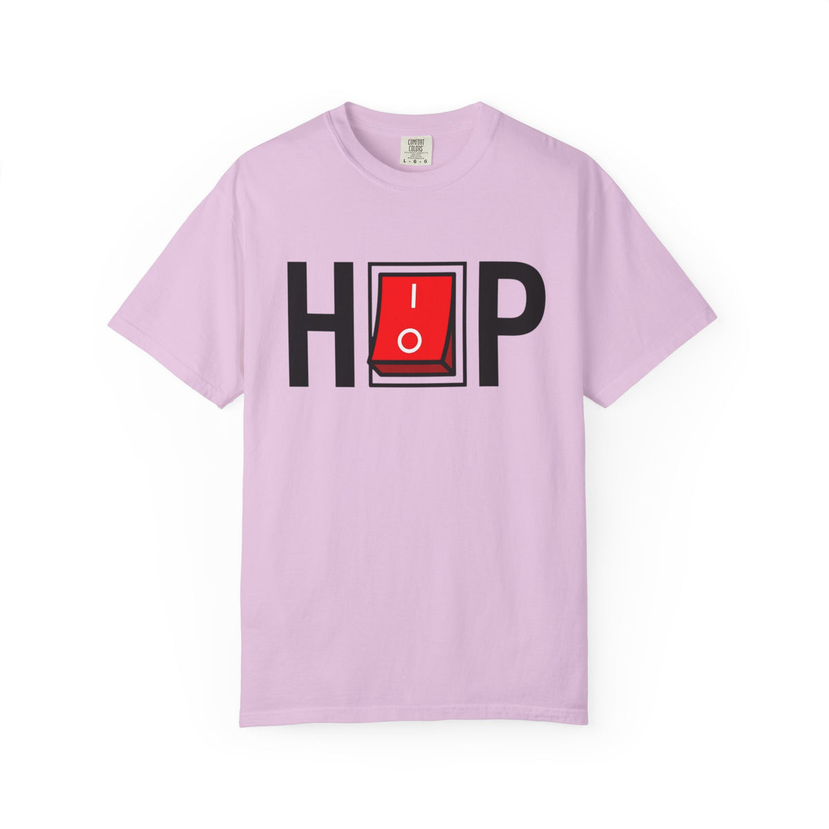 Hip Hop Switch T-Shirt in Orchid with black lettering and a red power switch.