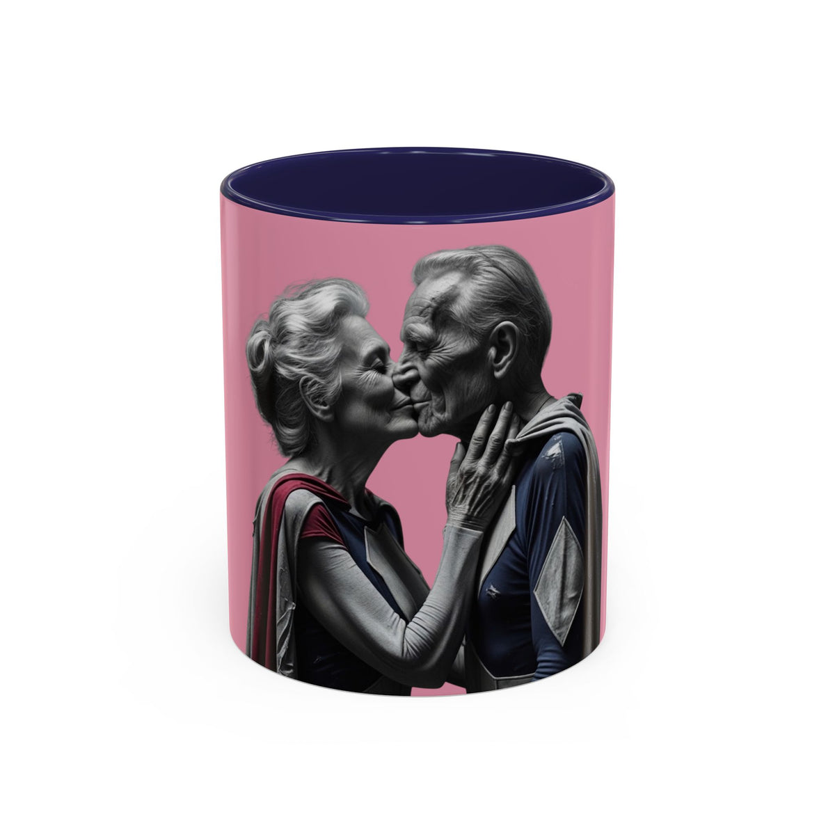 Elderly Superhero Couple Mug in Navy – elderly superhero couple kiss pop art mug