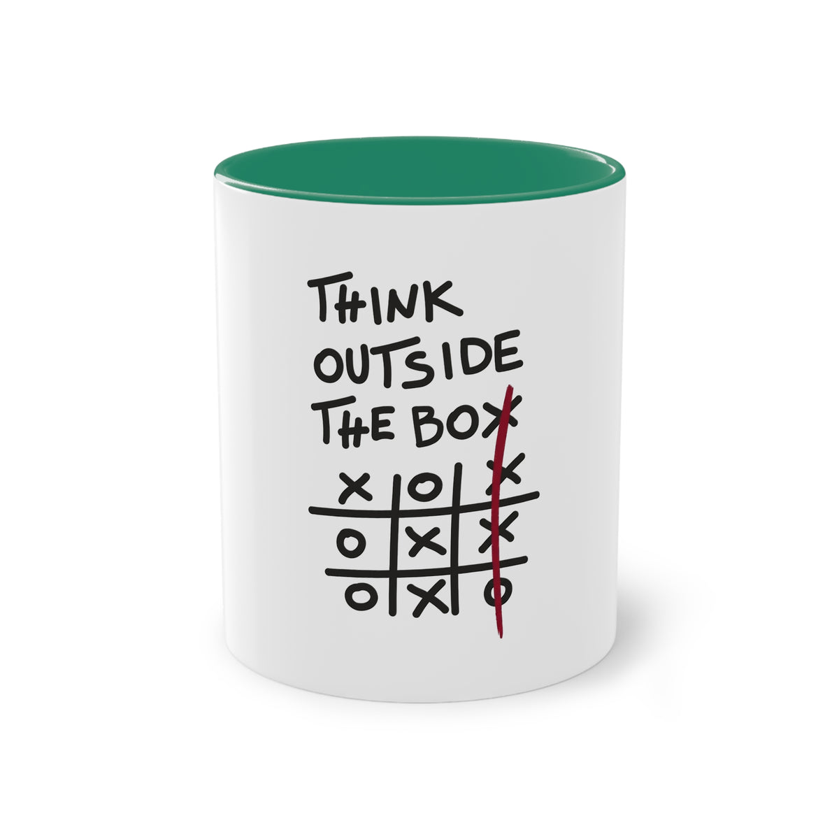 Think Outside the Box Mug in Dark Green – motivational tic-tac-toe coffee mug