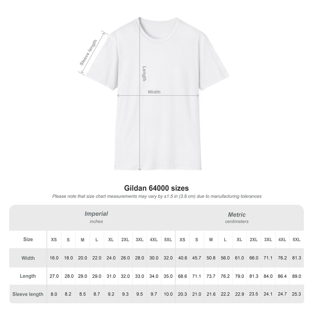 Gildan 64000 T-shirt size chart showing width, length and sleeve measurements in inches and centimetres.