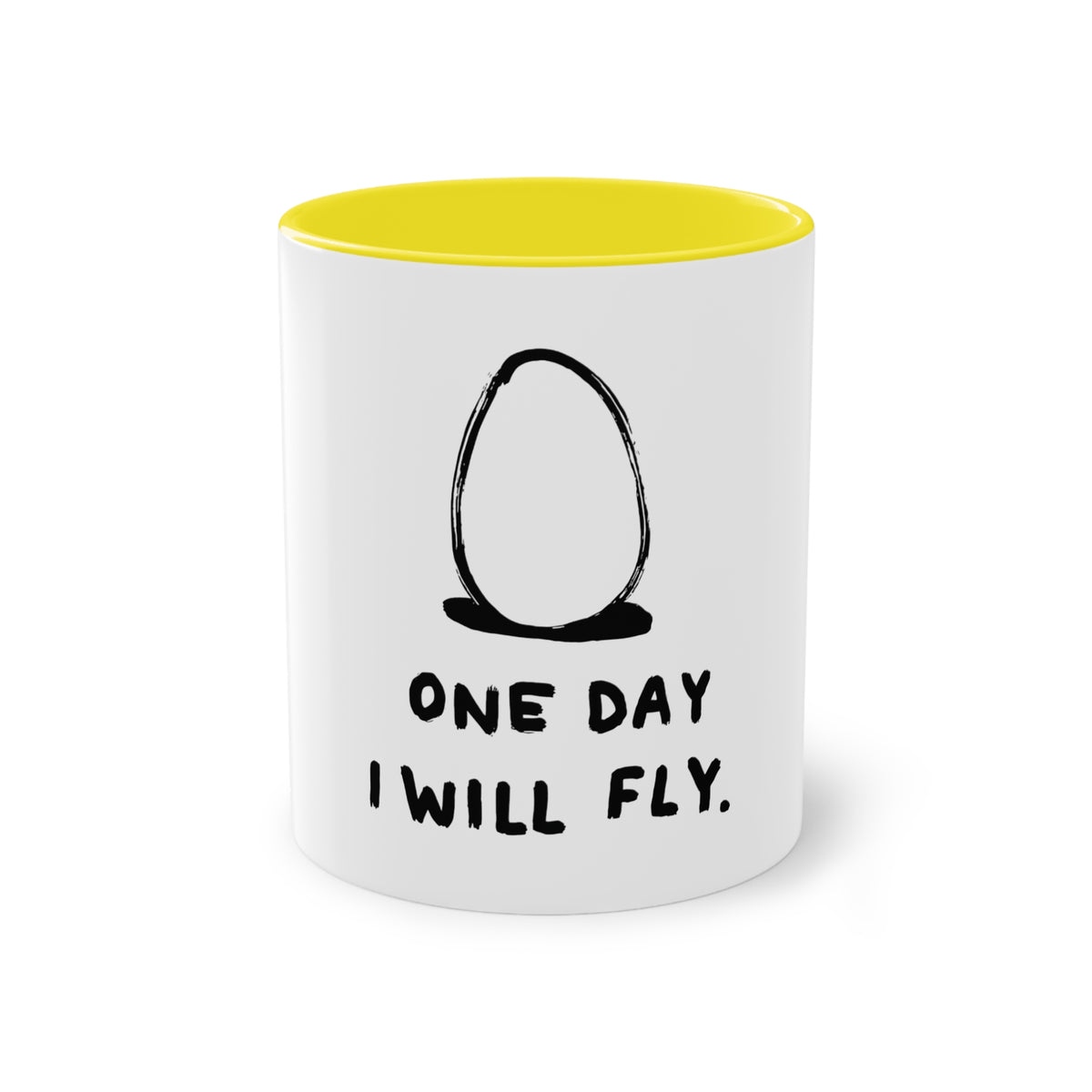 One Day I Will Fly Mug in Yellow – egg dreaming of flying inspirational mug