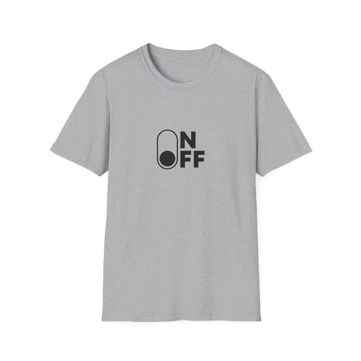 Sport grey On/Off T-shirt with black minimalist toggle switch graphic, front view.
