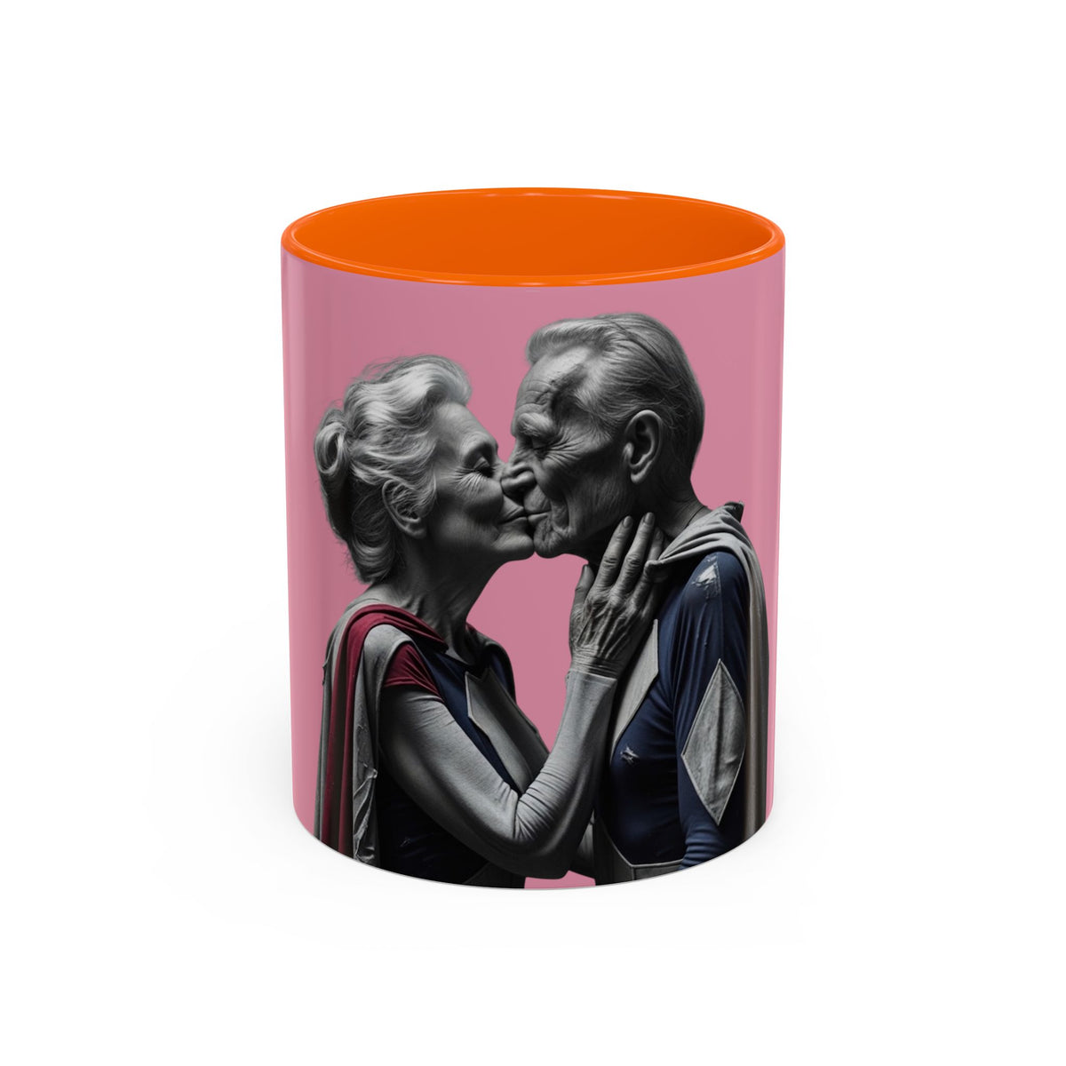 Elderly Superhero Couple Mug in Orange – elderly superhero couple kiss pop art mug