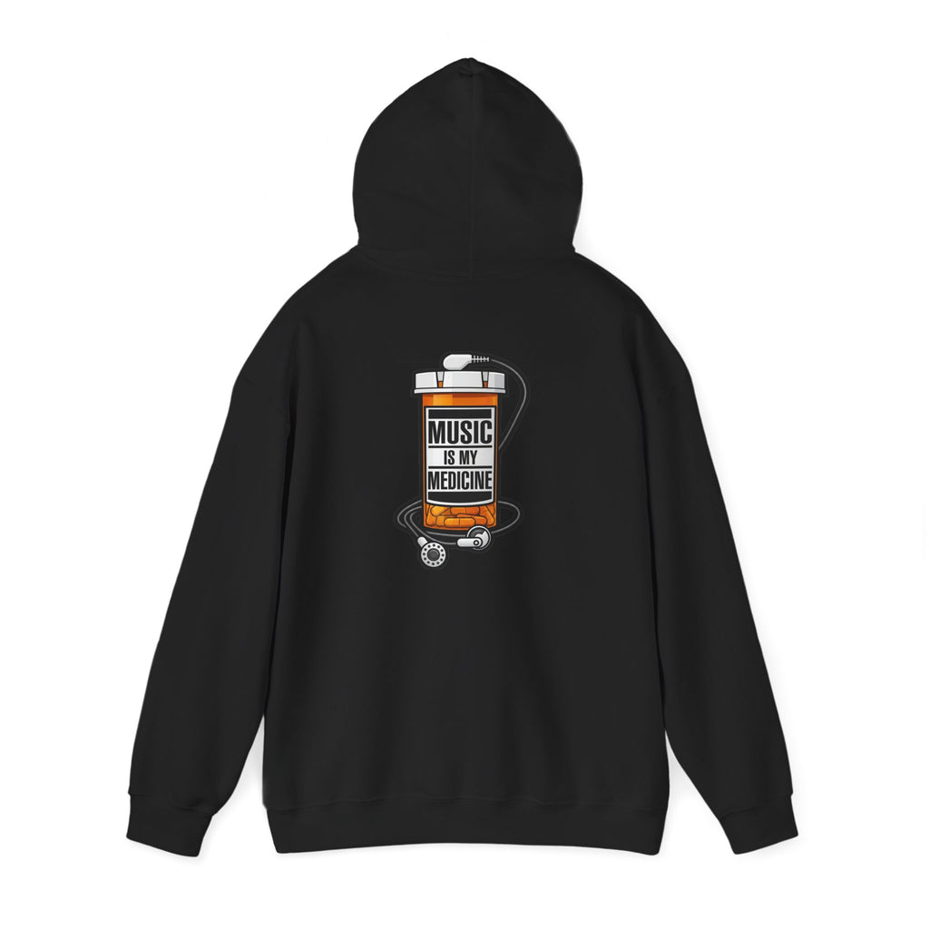 Music Is My Medicine Hoodie – retro pill bottle graphic sweatshirt.