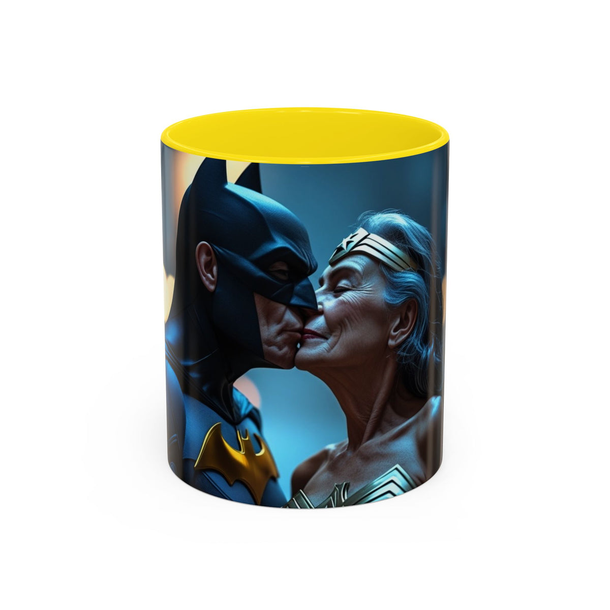Batman & Wonder Woman Kiss Mug in Yellow – Batman and Wonder Woman kiss superhero mug