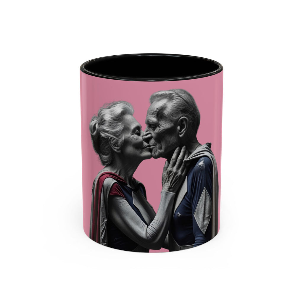 Elderly Superhero Couple Mug in Black – elderly superhero couple kiss pop art mug
