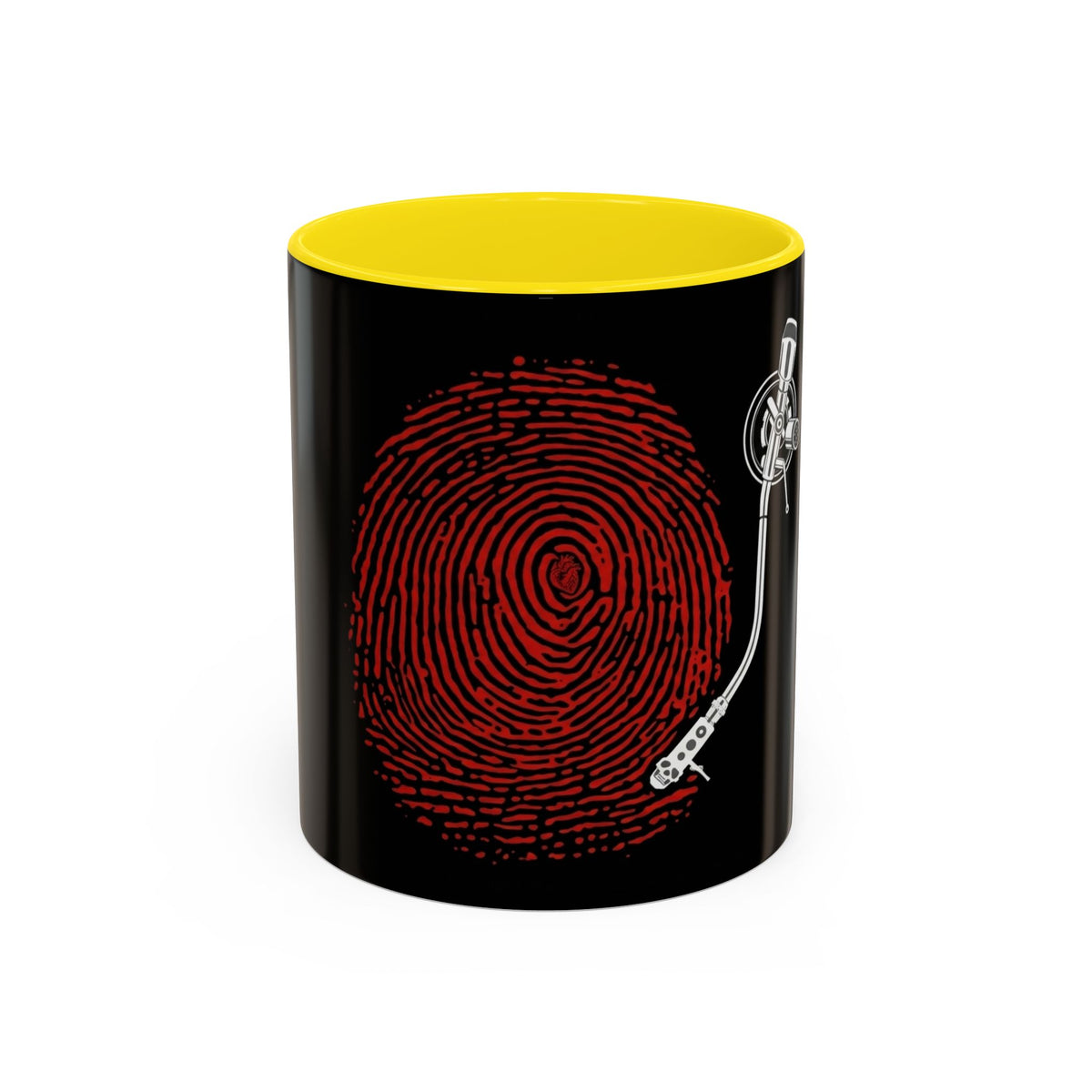 Red Vinile Mug in Yellow – fingerprint turntable vinyl music art mug