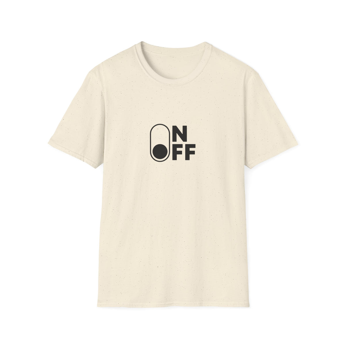 Natural-colour On/Off T-shirt with black minimalist toggle switch graphic, front view.