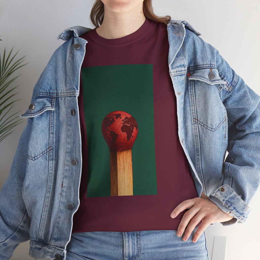 Model wearing a burgundy Matchstick Earth T-Shirt under a denim jacket.