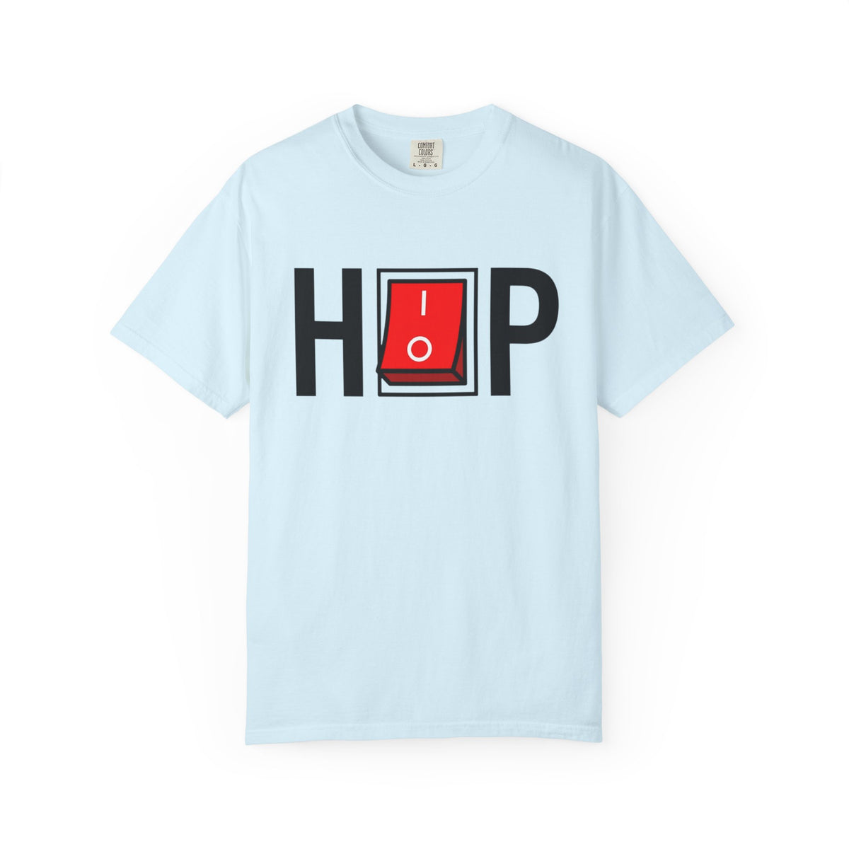 Hip Hop Switch T-Shirt in Chambray with black lettering and a red power switch.