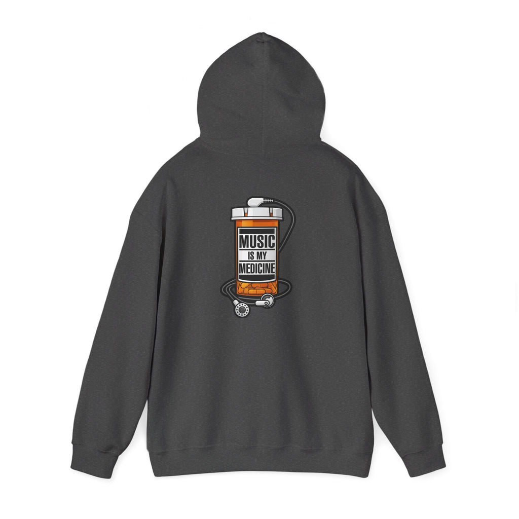 Music Is My Medicine Hoodie – retro pill bottle graphic sweatshirt.