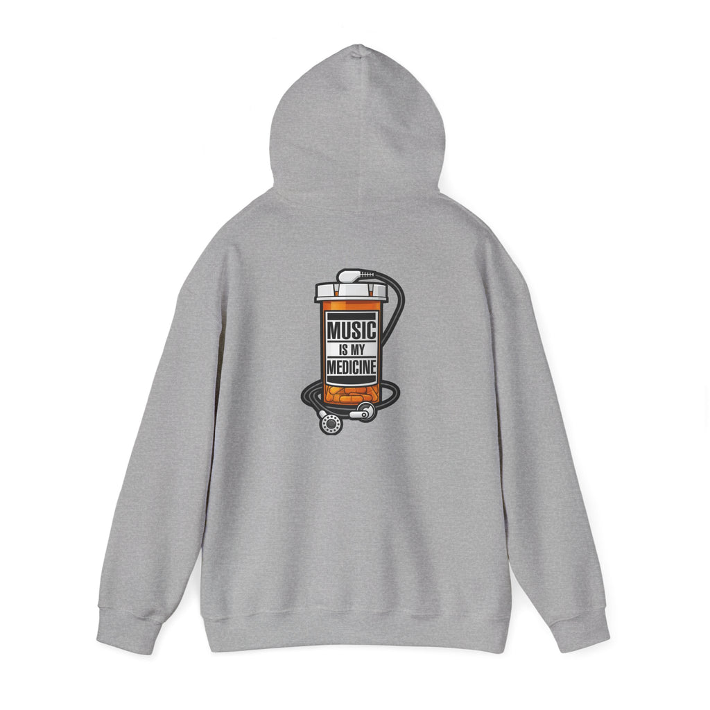 Music Is My Medicine Hoodie – retro pill bottle graphic sweatshirt.
