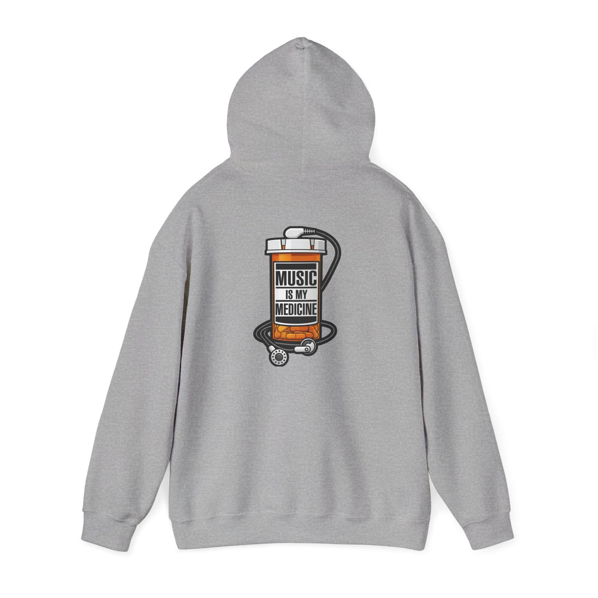 Music Is My Medicine Hoodie – retro pill bottle graphic sweatshirt.