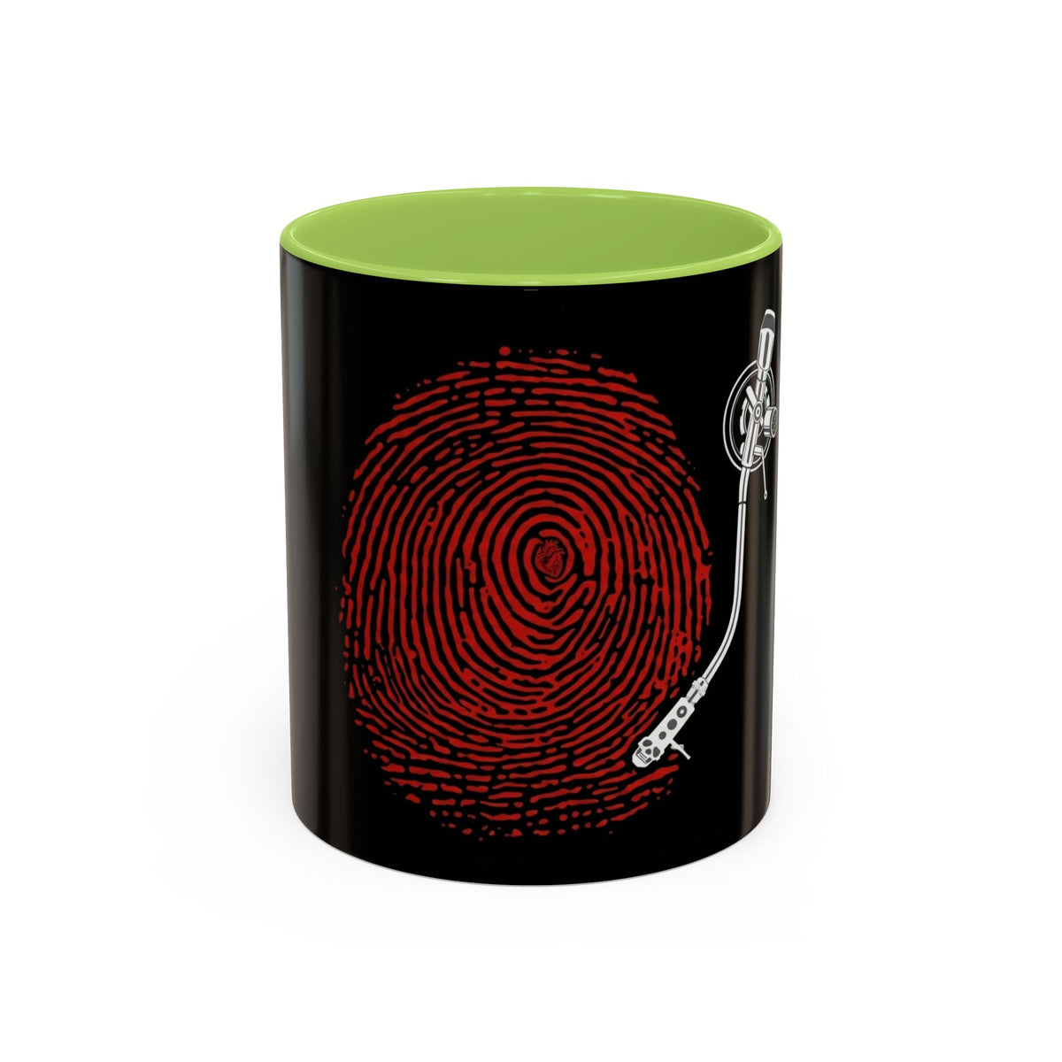Red Vinile Mug in Light Green – fingerprint turntable vinyl music art mug