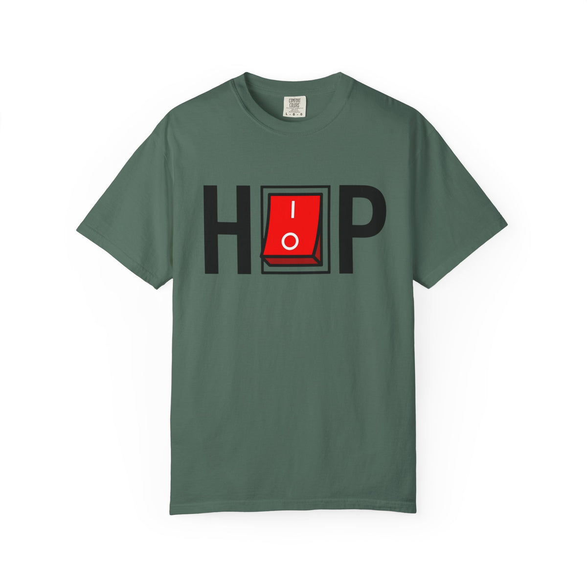 Hip Hop Switch T-Shirt in Blue Spruce with black lettering and a red power switch.