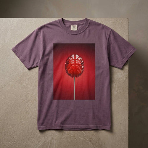 Dark graphic t-shirt with a surreal illustration of a brain on a red lollipop stick
