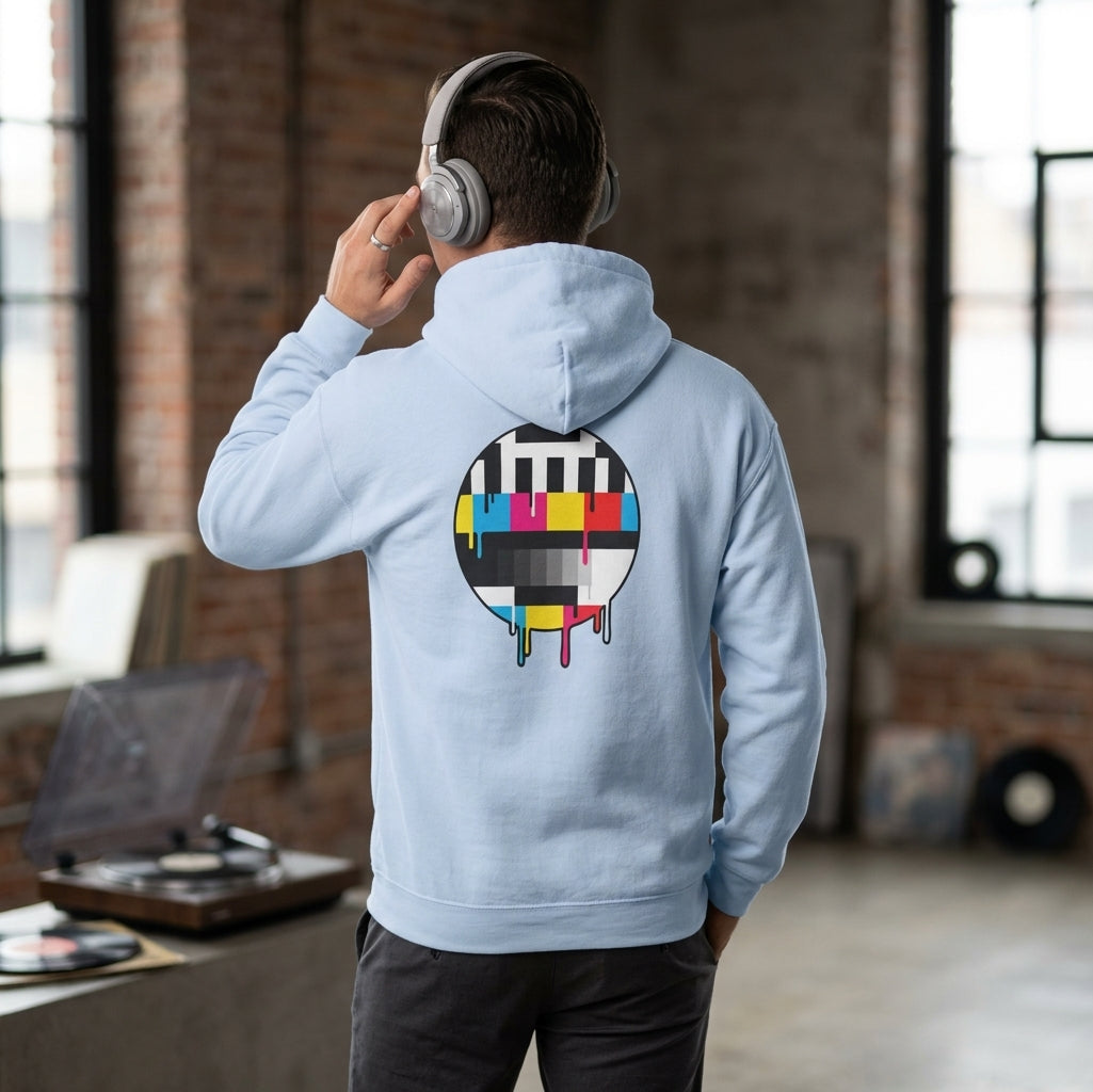Dripping TV Test Pattern Hoodie – retro color bars sweatshirt.