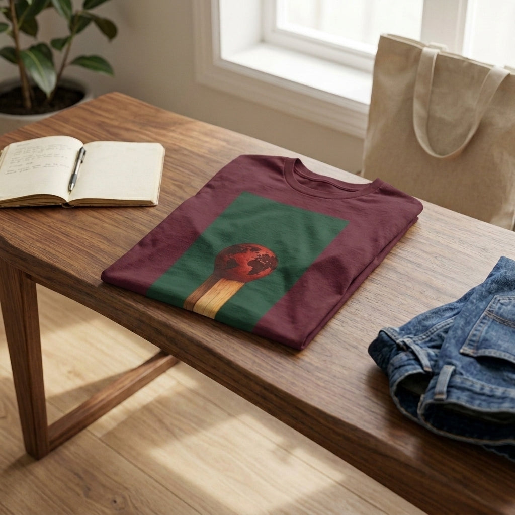Folded burgundy Matchstick Earth T-Shirt on a wooden table beside a notebook and jeans.