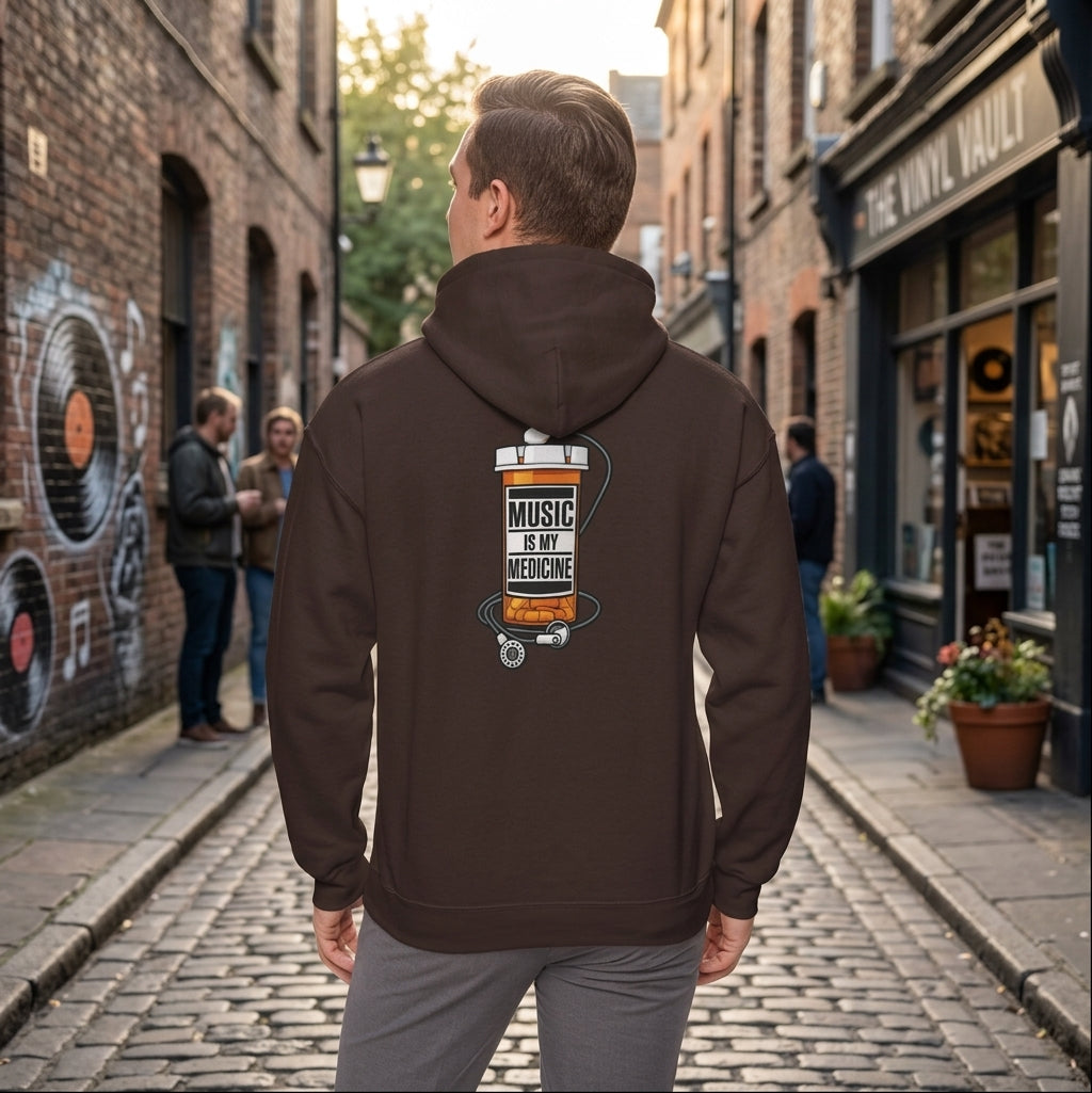 Music Is My Medicine Hoodie – retro pill bottle graphic sweatshirt.
