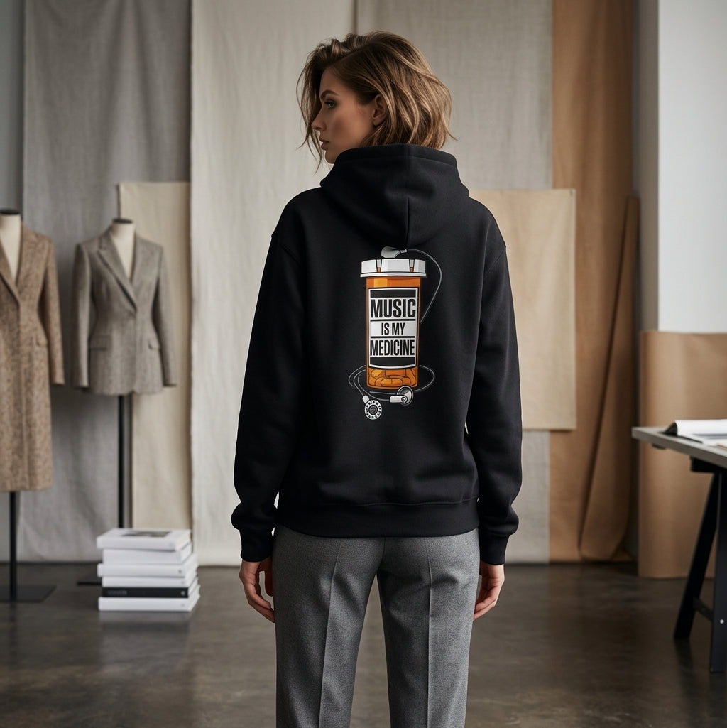 Music Is My Medicine Hoodie – retro pill bottle graphic sweatshirt.