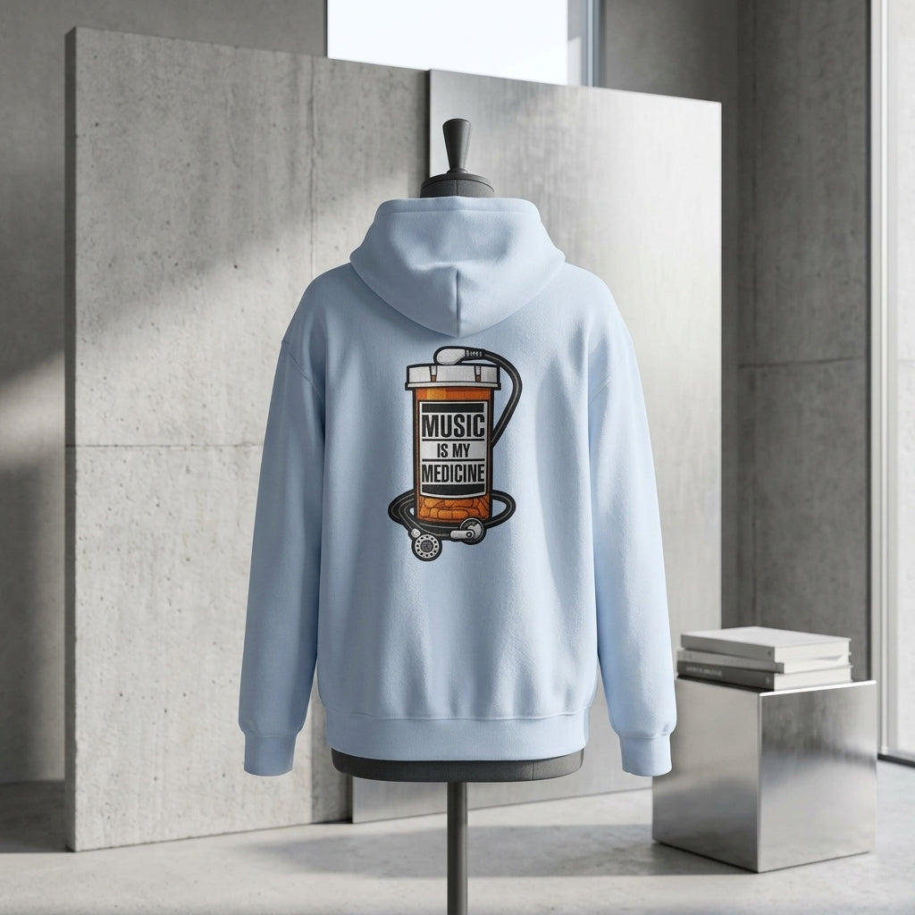 Music Is My Medicine Hoodie – retro pill bottle graphic sweatshirt.