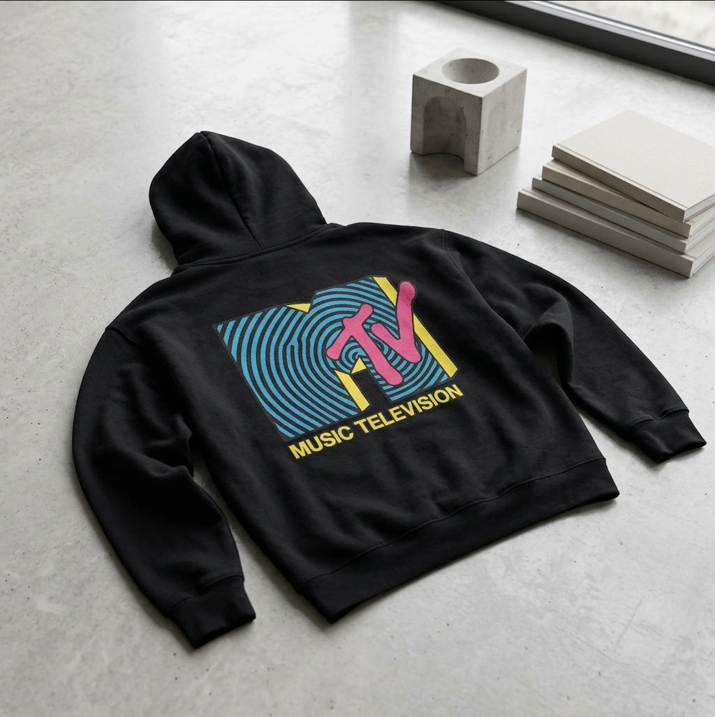 MTV Retro Logo Hoodie – 90s music culture sweatshirt.