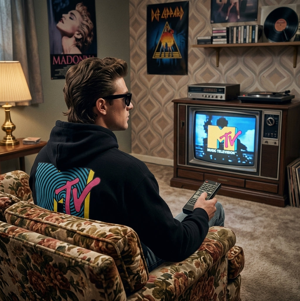 MTV Retro Logo Hoodie – 90s music culture sweatshirt.