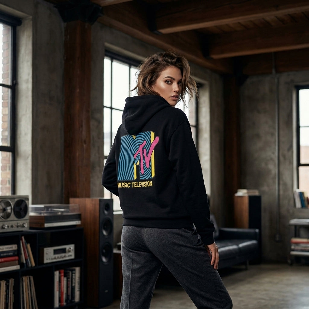 MTV Retro Logo Hoodie – 90s music culture sweatshirt.
