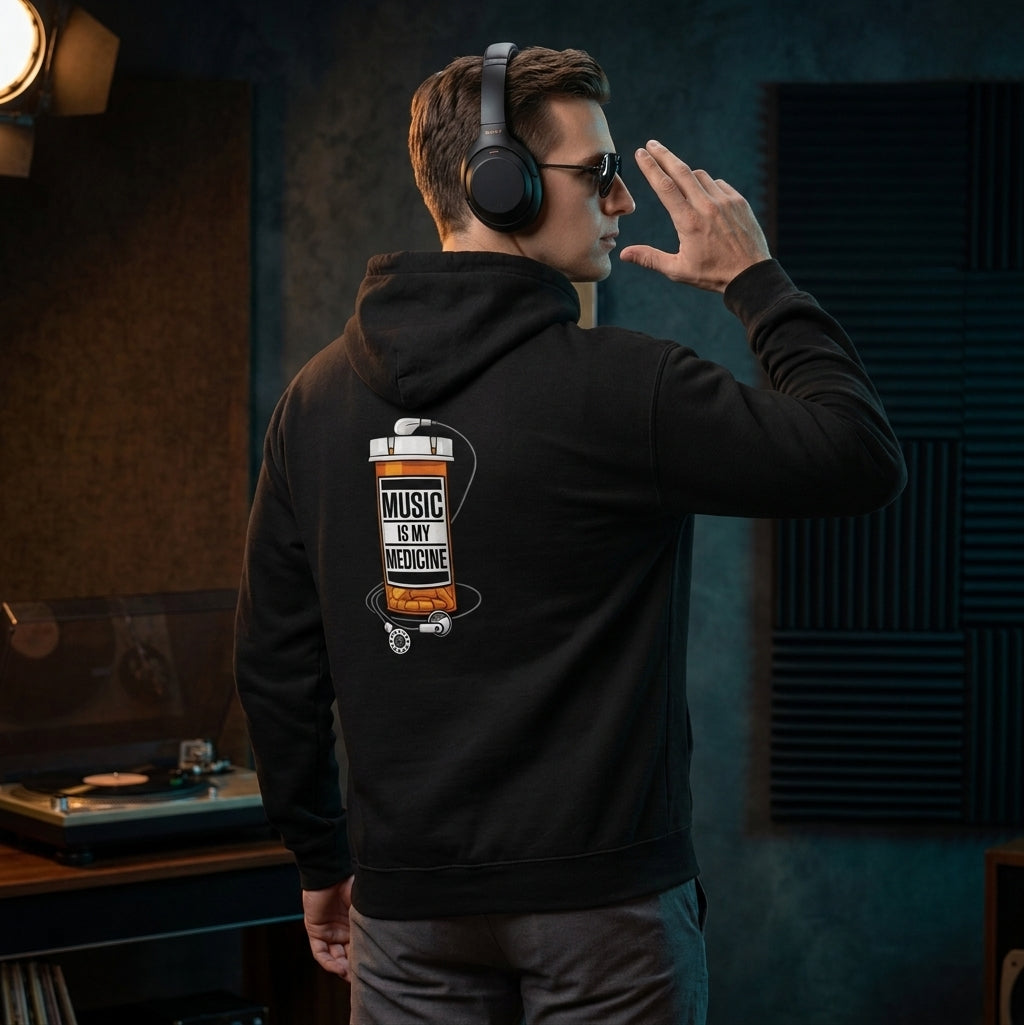 Music Is My Medicine Hoodie – retro pill bottle graphic sweatshirt.