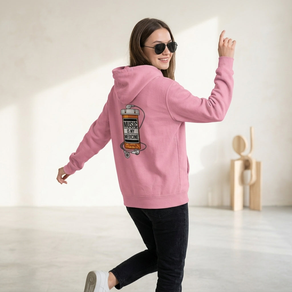 Music Is My Medicine Hoodie – retro pill bottle graphic sweatshirt.