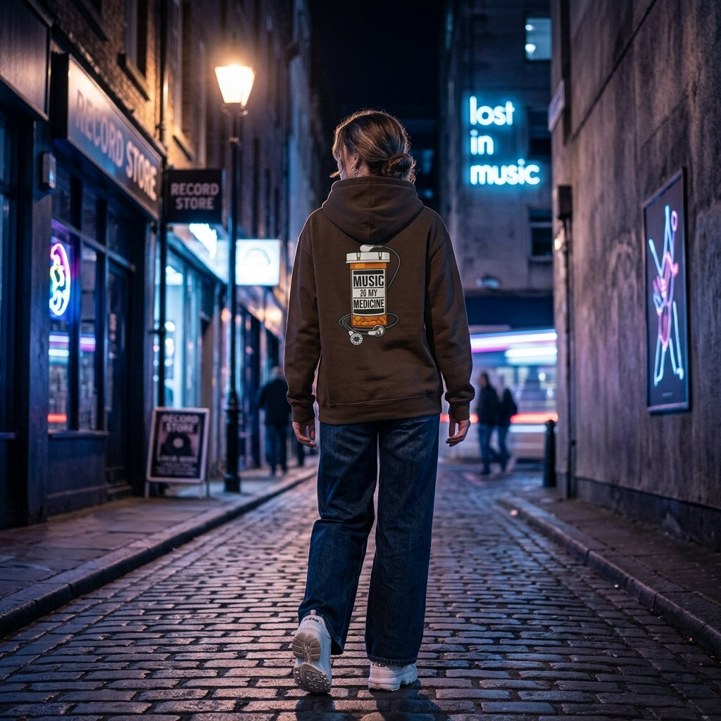 Music Is My Medicine Hoodie with retro pill-bottle artwork