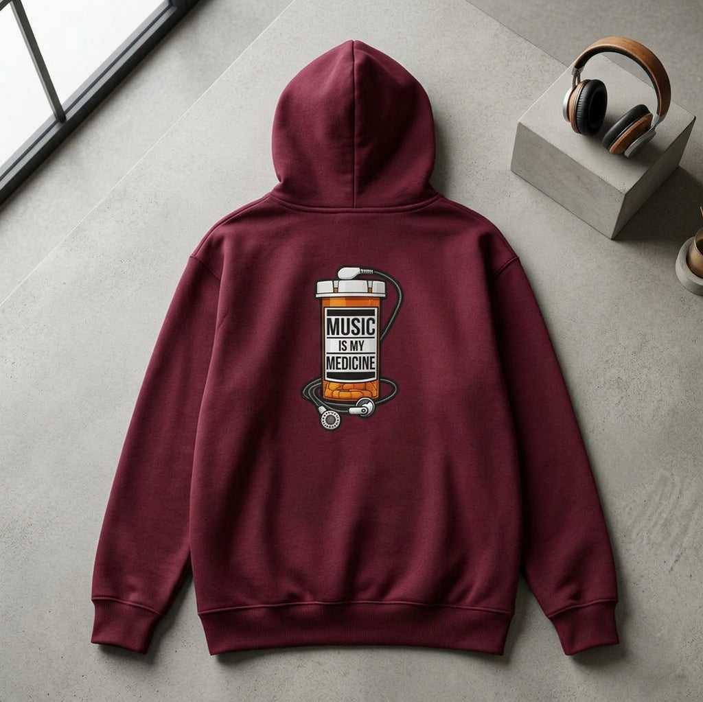 Music Is My Medicine Hoodie with retro pill-bottle artwork