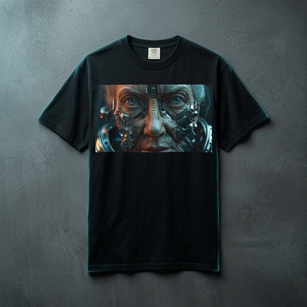 Cybernetic Old Face T-Shirt – Sci-Fi Art Graphic Tee