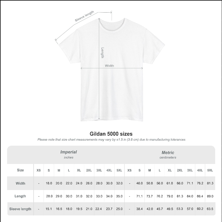 Spock Pop Art T-Shirt – Gildan 5000 size chart with measurements in inches and centimeters