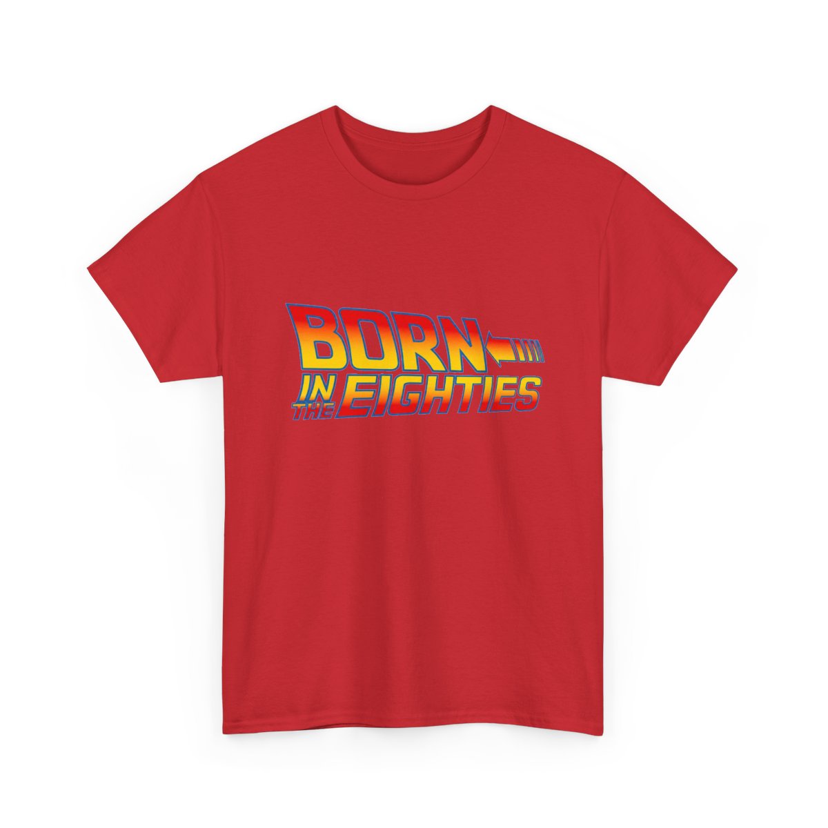 Born in the 80s T-Shirt in Red with red and yellow retro lettering reading Born in the Eighties.