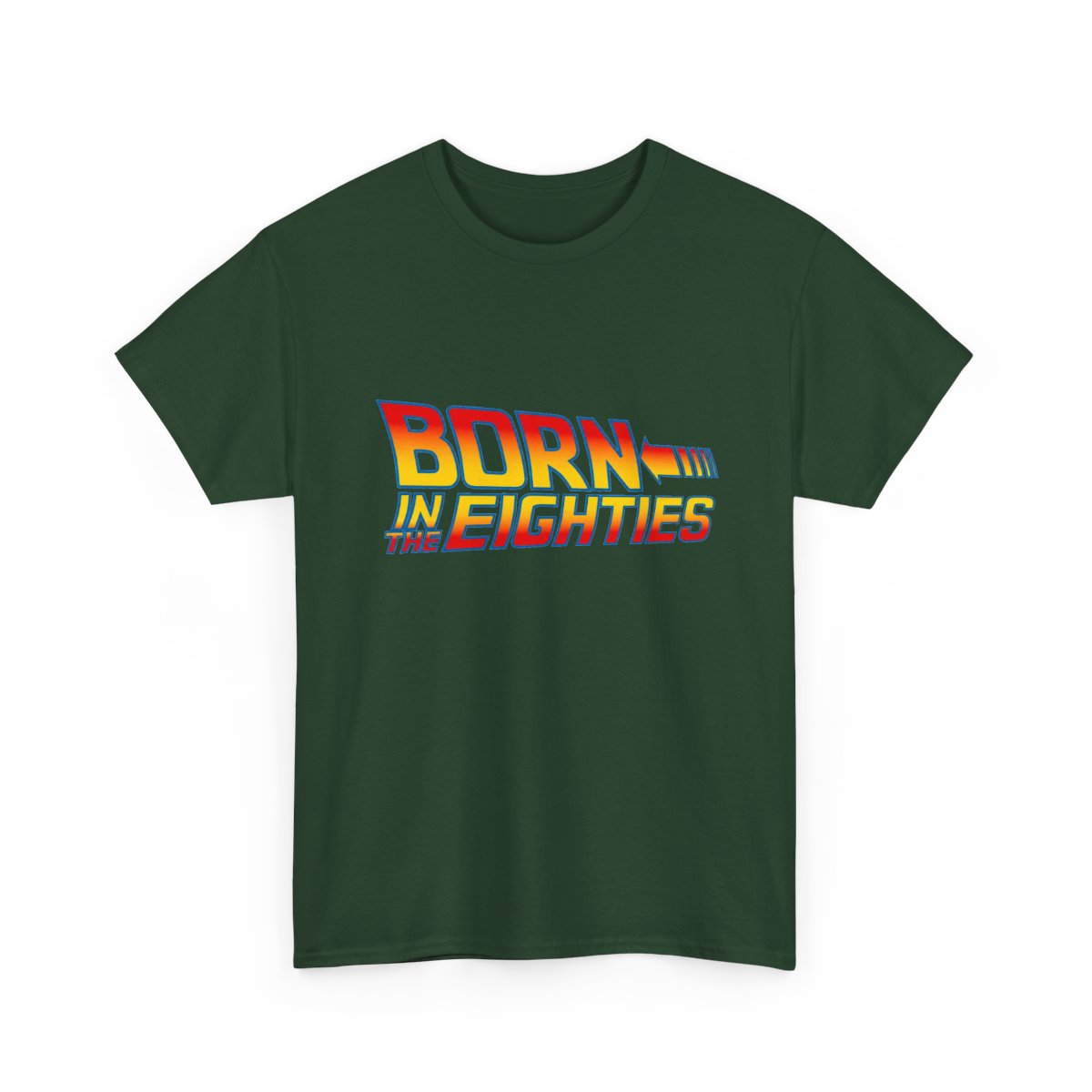 Born in the 80s T-Shirt in Forest Green with red and yellow retro lettering reading Born in the Eighties.