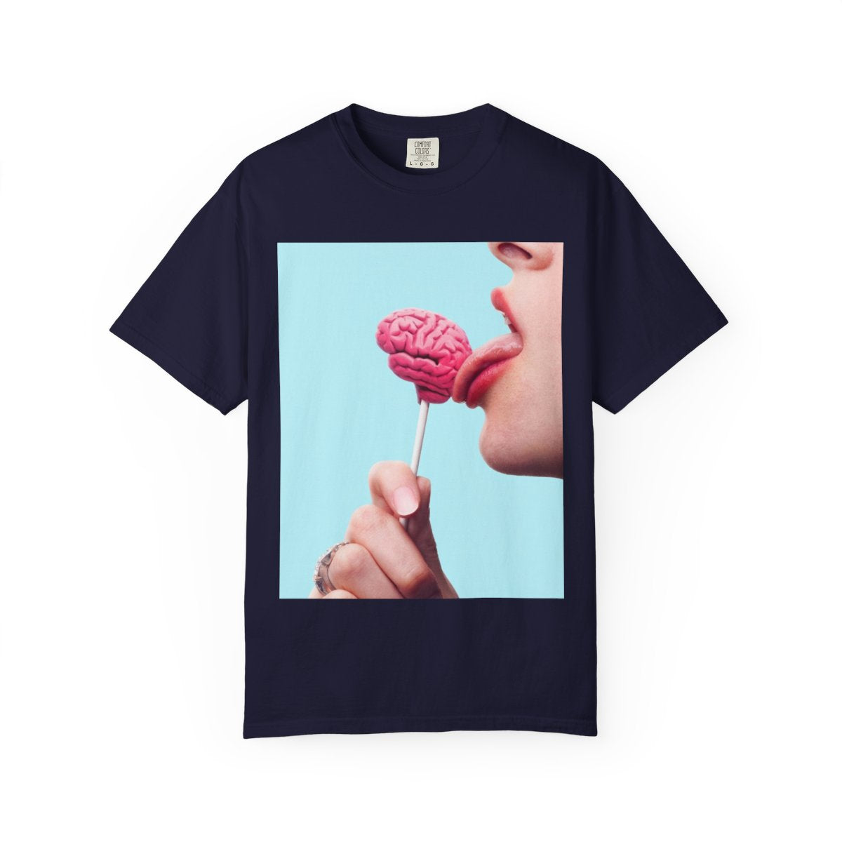 Lickin Brain T-Shirt in True Navy with a surreal print of a tongue licking a pink brain lollipop against a turquoise background.