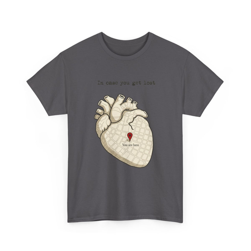 In Case You Get Lost T-Shirt in Charcoal with an anatomical heart street map and a red location pin.