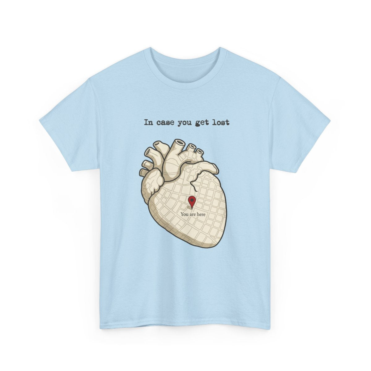 In Case You Get Lost T-Shirt in Light Blue with an anatomical heart street map and a red location pin.