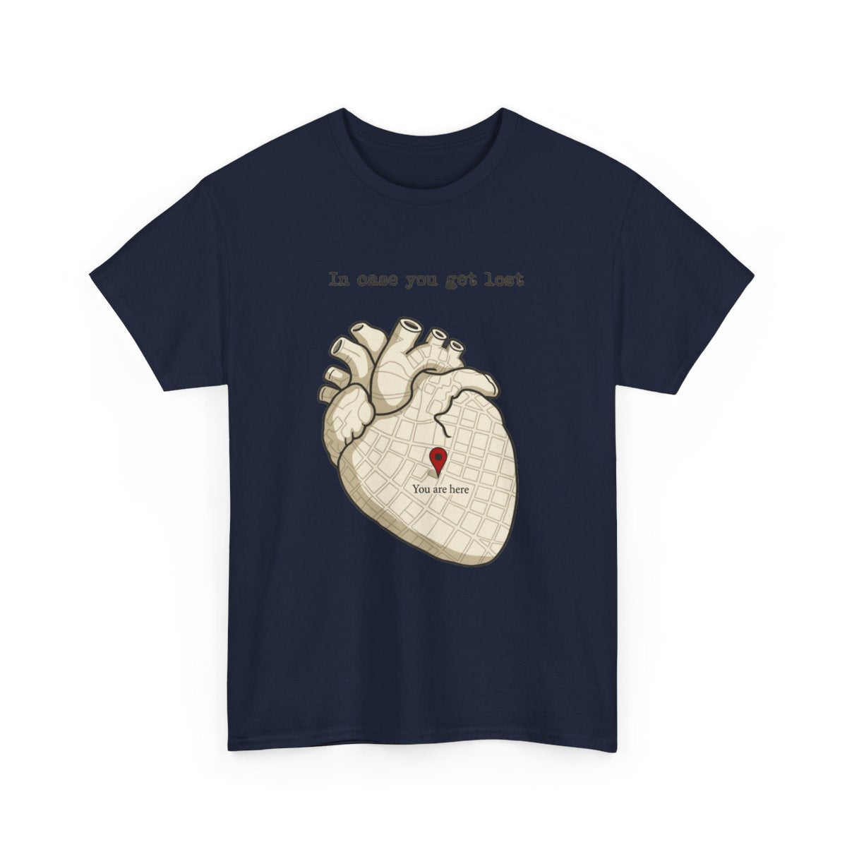 In Case You Get Lost T-Shirt in Navy with an anatomical heart street map and a red location pin.
