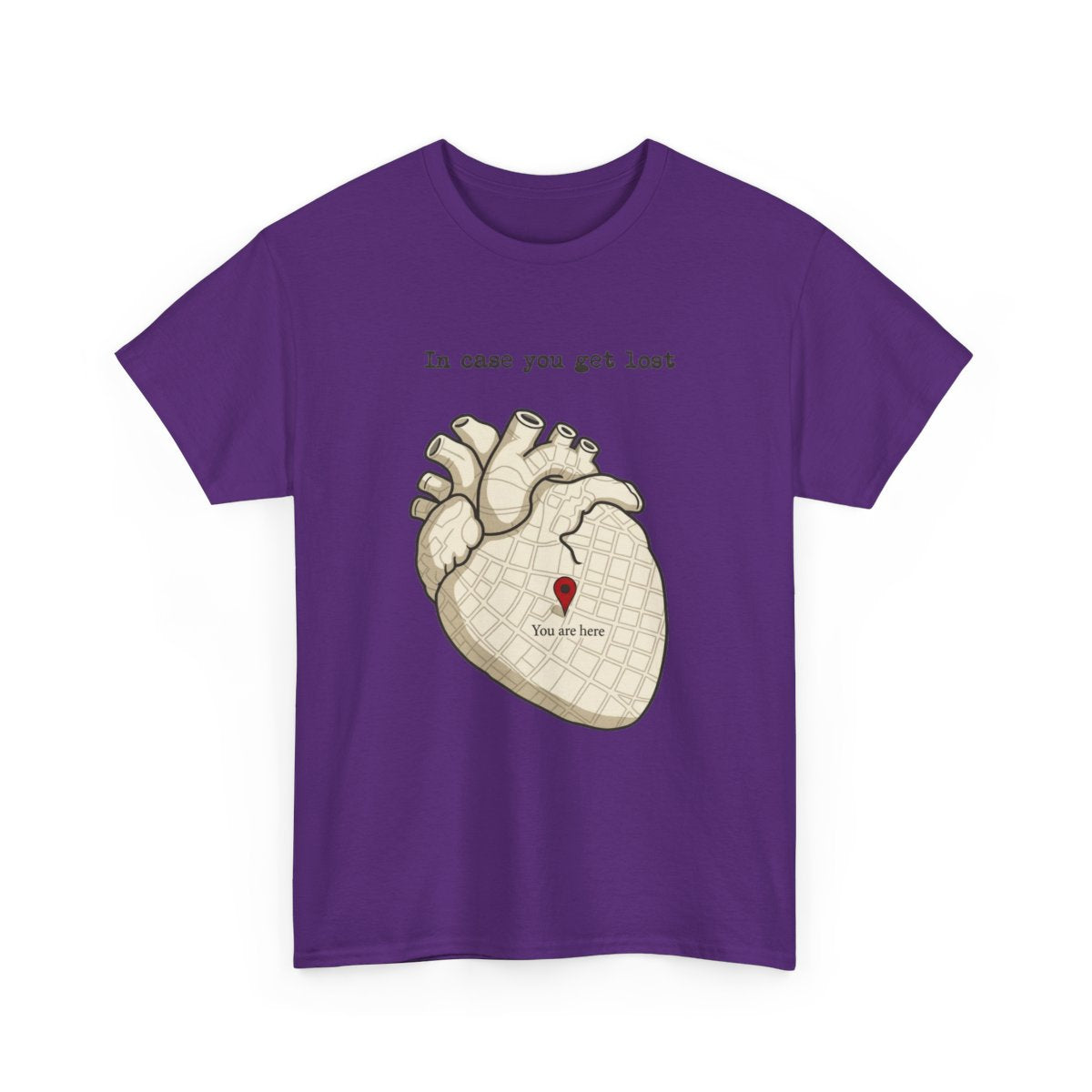 In Case You Get Lost T-Shirt in Purple with an anatomical heart street map and a red location pin.
