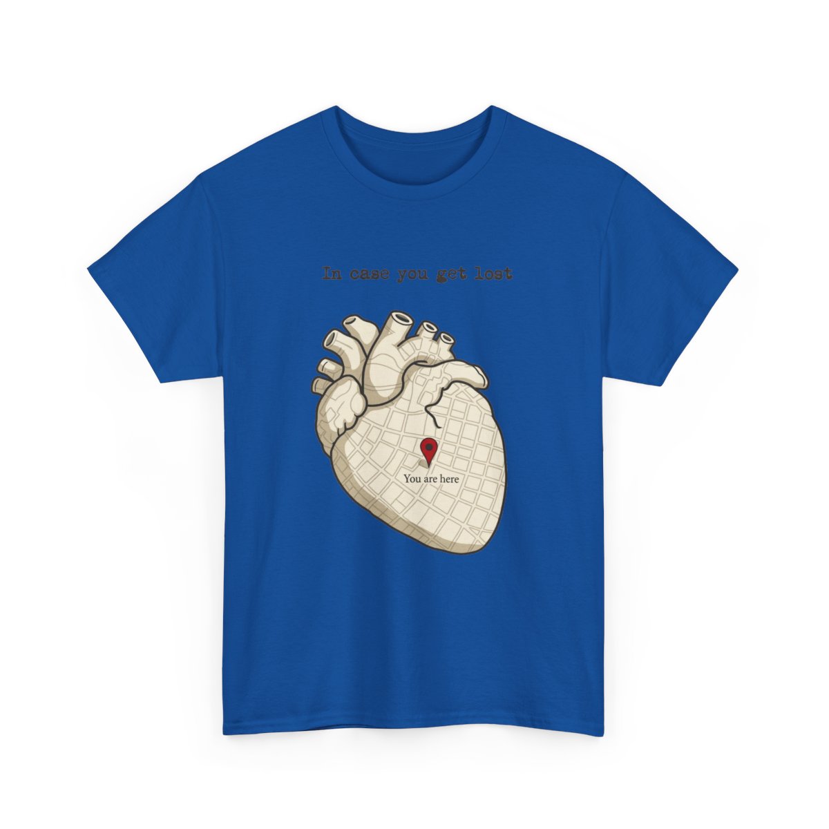 In Case You Get Lost T-Shirt in Royal with an anatomical heart street map and a red location pin.