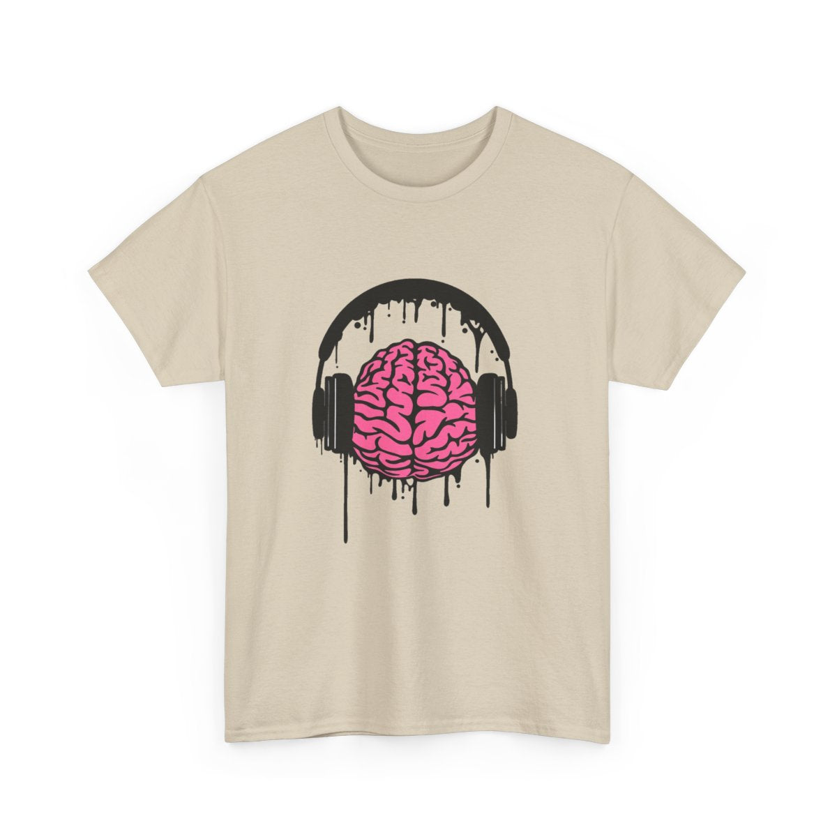 Music Lover Dripping Brain T-Shirt in Natural with a pink brain wearing black dripping headphones.