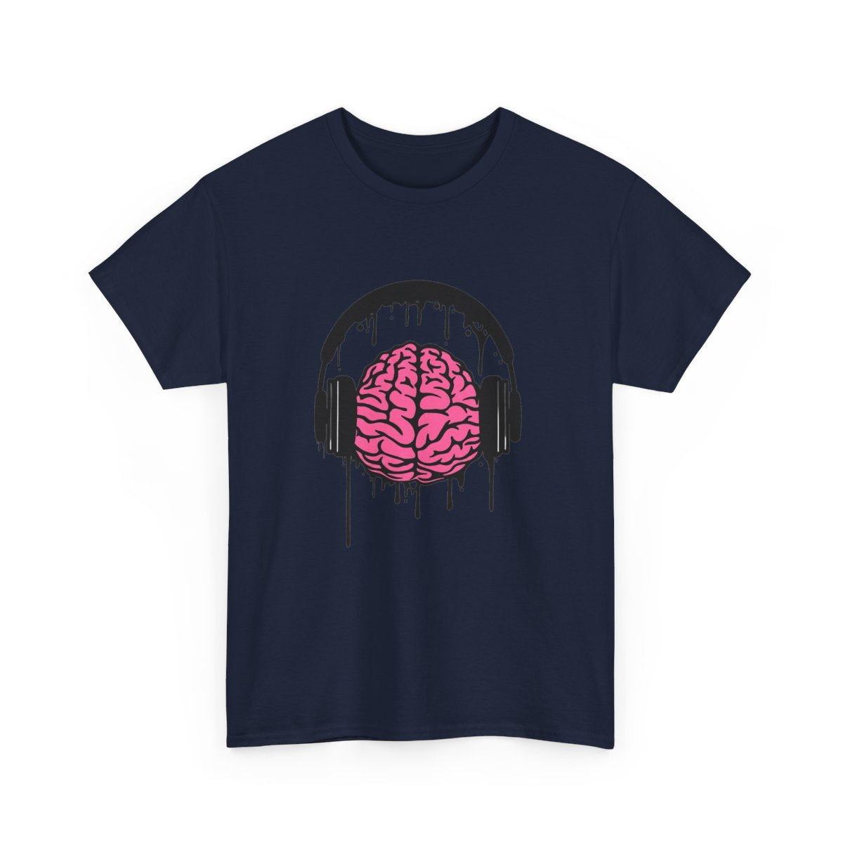 Music Lover Dripping Brain T-Shirt in Navy with a pink brain wearing black dripping headphones.