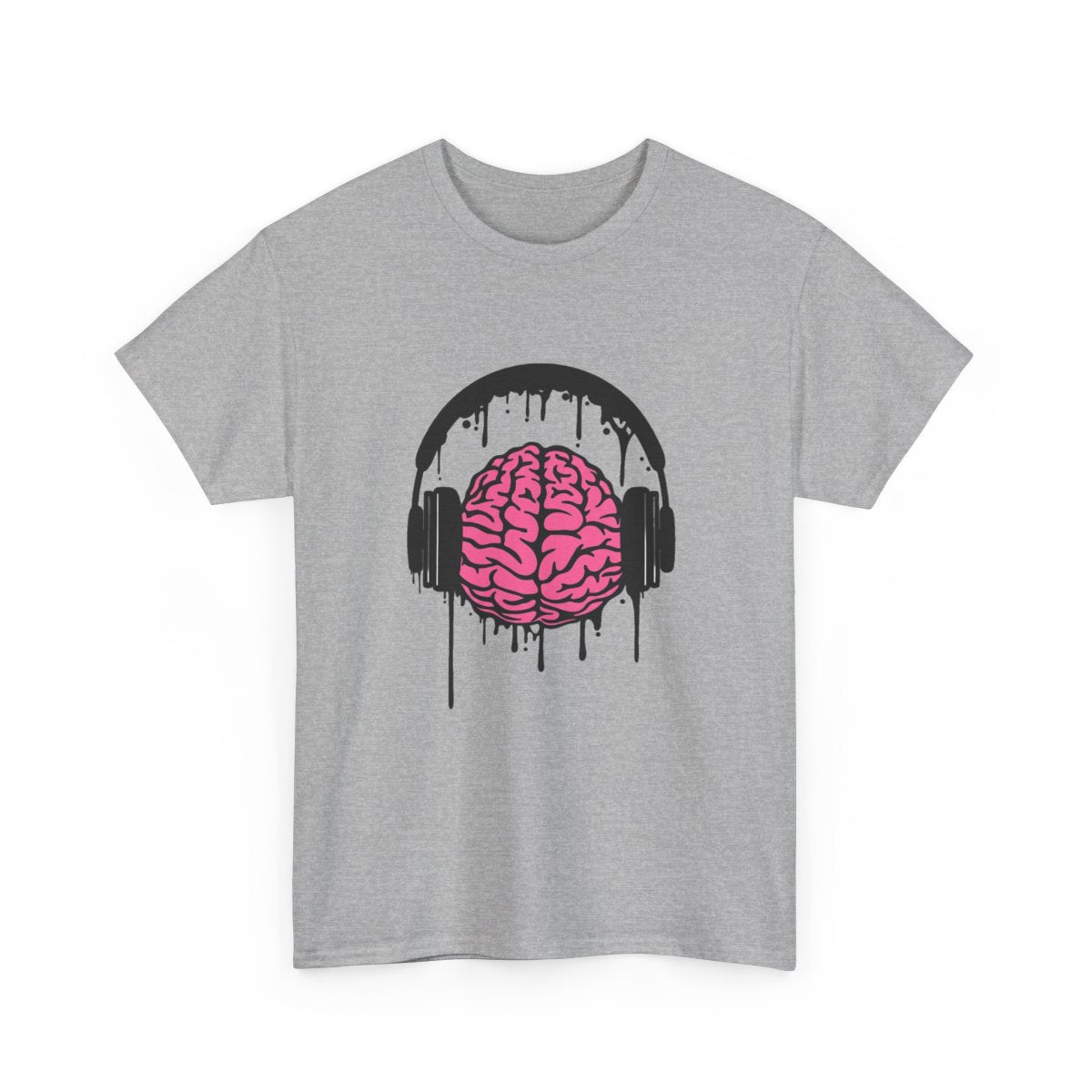 Music Lover Dripping Brain T-Shirt in Sport Grey with a pink brain wearing black dripping headphones.