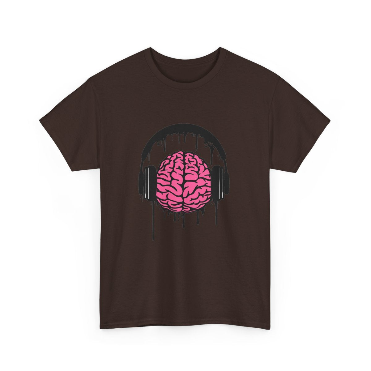 Music Lover Dripping Brain T-Shirt in Dark Chocolate with a pink brain wearing black dripping headphones.
