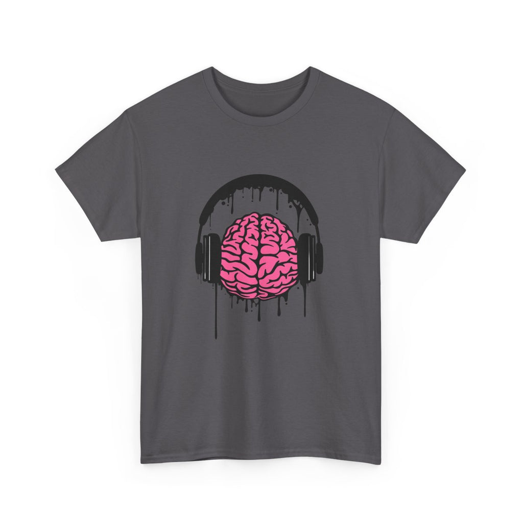 Music Lover Dripping Brain T-Shirt in Charcoal with a pink brain wearing black dripping headphones.
