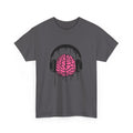 Music Lover Dripping Brain T-Shirt in Charcoal with a pink brain wearing black dripping headphones.
